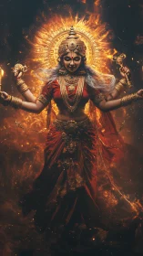 Divine multi-armed goddess emerging from blazing aura.