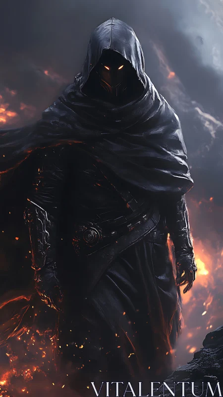 Hooded dark warrior strides through erupting inferno landscape