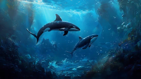 Orcas glide through volumetric blue light in rocky seafloor canyon
