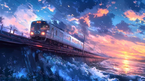 Anime coastal train at sunset with dynamic ocean perspective.