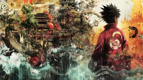 Back‑view figure surveys chaotic cliffside city in painterly anime style