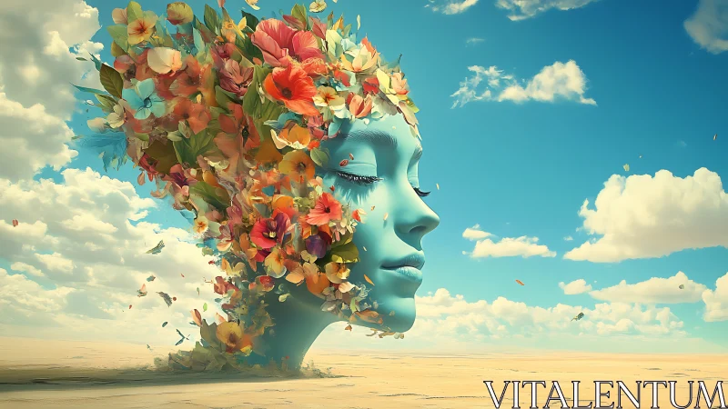 Dreamy floral spirit face drifts gently across desert sky