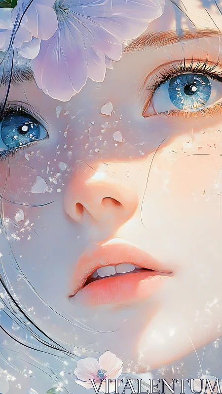 Close-up dreamy anime girl with blue eyes and soft petals.