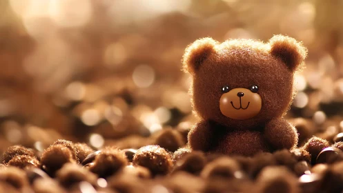 Small fuzzy teddy bear sits in a warm, glowing bokeh field