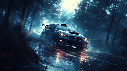 Dynamic rally sedan drifting through rain-soaked forest trail.