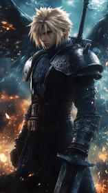 Brooding swordsman in scorched armor amid falling embers.