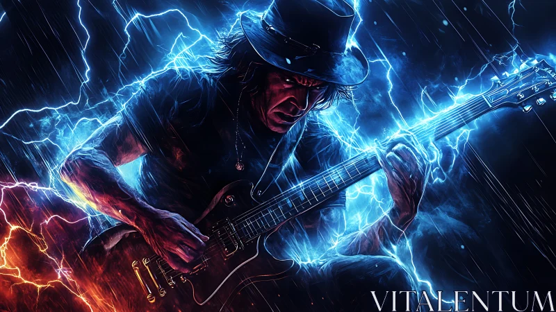 Electric guitarist conjures stormlit energy in neon lightning