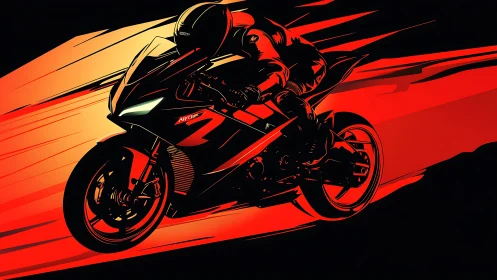 Sport bike rider graphic in bold red motion lines.