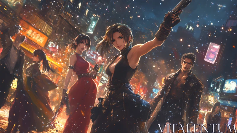 Bold heroes stand united in a neon city snowstorm at night