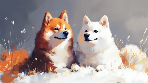 Snowy mischief glows between two foxlike winter companions
