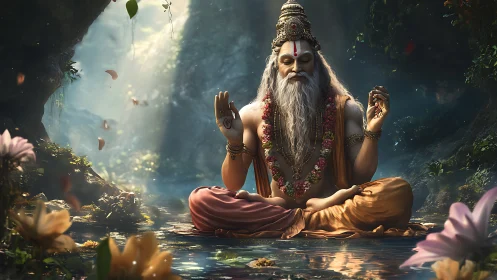 Meditating sage figure in forest stream with floral elements.