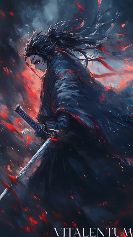 Volcanic katana duelist in dynamic chromatic turbulence.