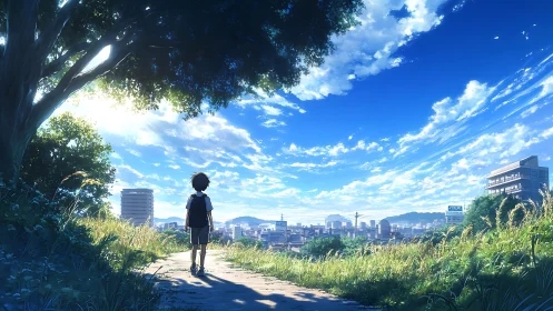 Boy on hill path watches summer city under vivid sky