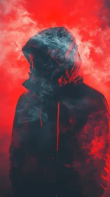 Hooded silhouette in red vapor with dramatic rim lighting.