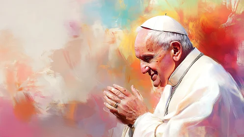 Smiling clergyman in prayer amid radiant abstract colors