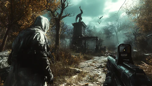 Hooded soldier in ruined forest approach to statue monument.