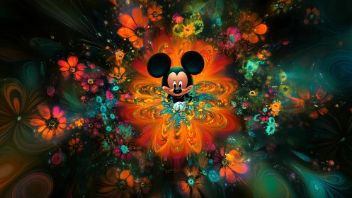 Cartoon mouse emerges from vivid fractal flower burst.
