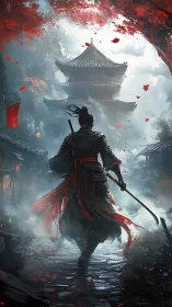 Backlit samurai strides toward mist-shrouded pagoda in red haze