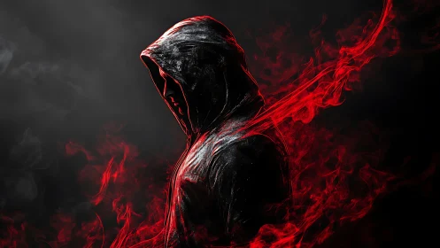 Hooded figure in profile wrapped in red digital smoke.