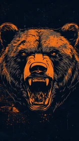 Stylized orange bear head with open jaws on dark ground.