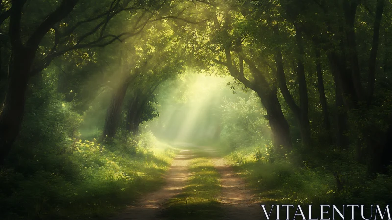 Sunlit Forest Path with Lush Greenery in Dreamy Morning Light.