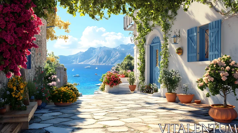 Sunlit seaside lane whispers through blue doors and blooms