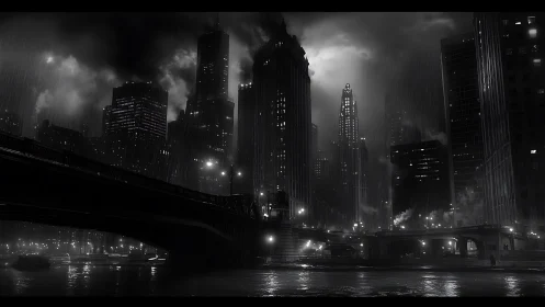 Midnight rain over a quiet, brooding city skyline.