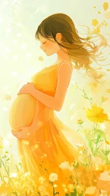 Backlit pregnant figure in yellow dress amid luminous flower field