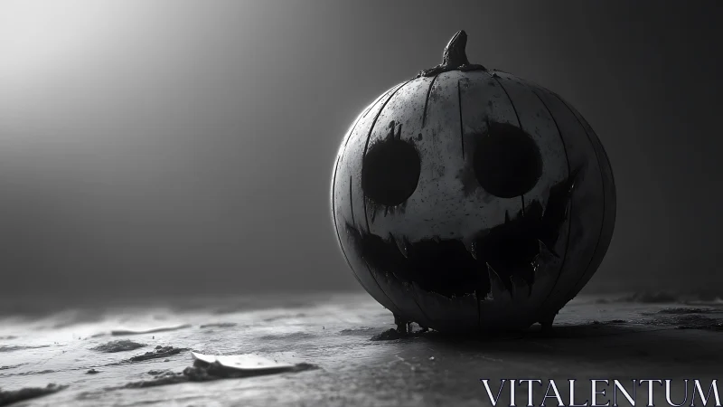 Rotting jack o lantern on wet ground in moody grayscale scene.