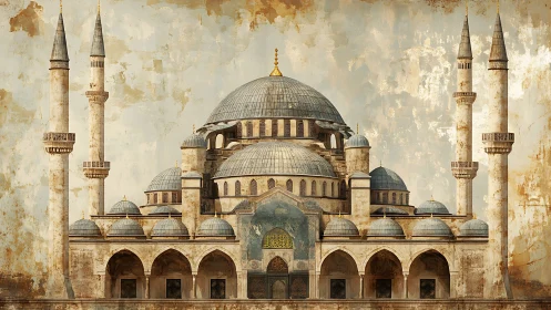 Domed mosque elevation with four minarets, frontal view.