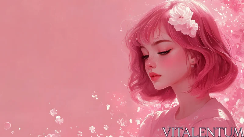 Digital painting portrait in monochrome pink floral composition.
