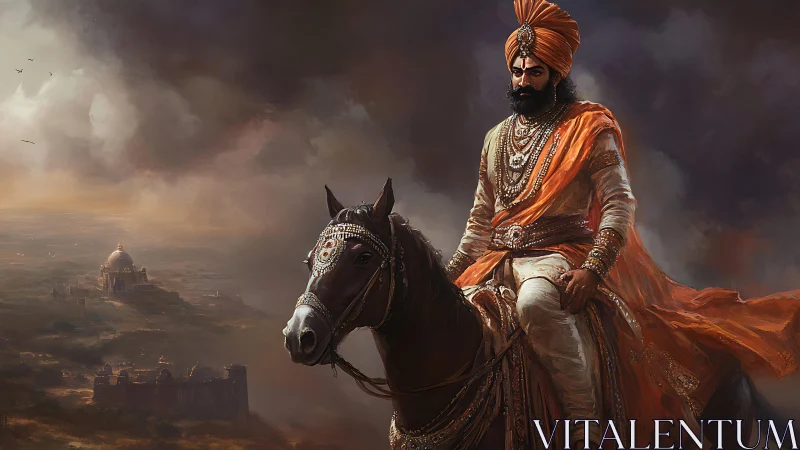 Warrior in orange turban rides decorated horse before storm