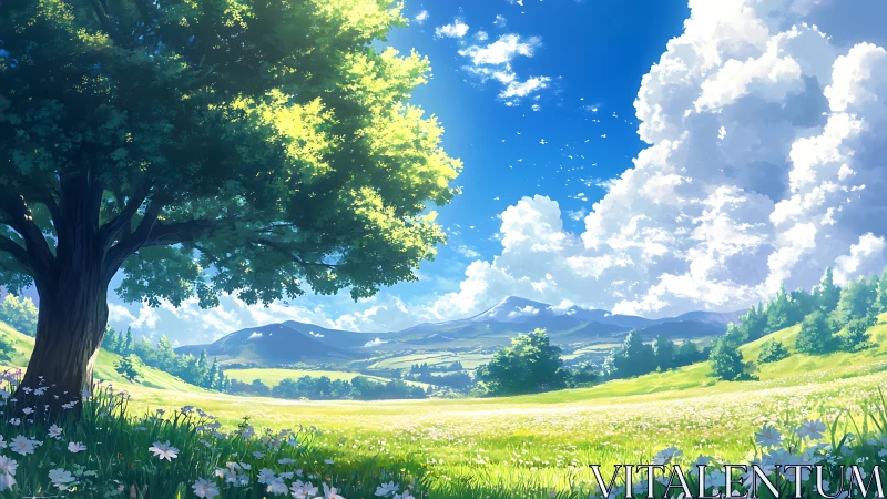 Sunlit meadow landscape under towering cumulus clouds.