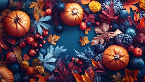 Autumn pumpkins and berries arranged around teal negative space