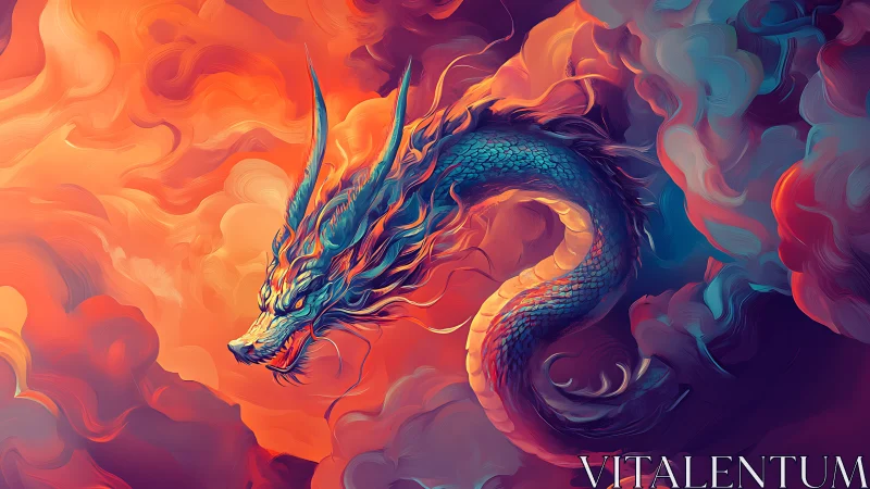 Serpentine elemental dragon coils through turbulent neon-tinted clouds