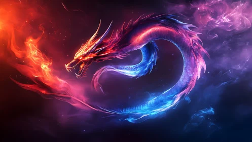 Celestial fire and frost dragon coiled in cosmic surge.