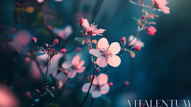 Soft-Focus Cherry Blossoms Against Deep Teal Bokeh Background.