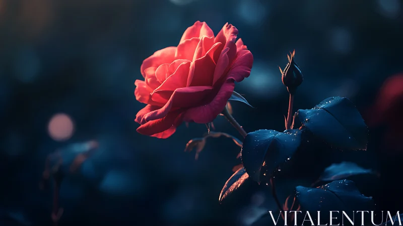 Luminous Red Rose in Twilight Garden Magic.