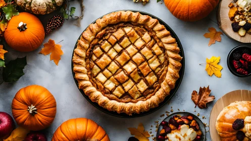 Golden lattice pumpkin pie anchors autumnal tabletop composition
