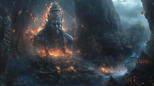 Stormlit titan of embers guarding a drowned mythic city.