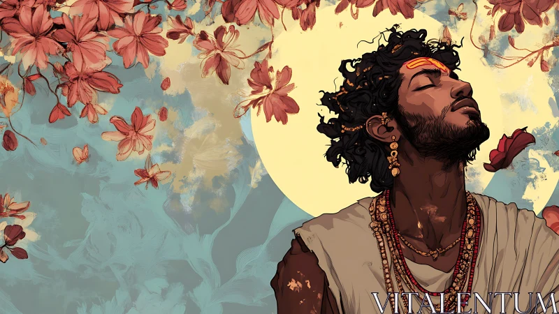 Serene dreamer beneath blooming petals and gentle moon.