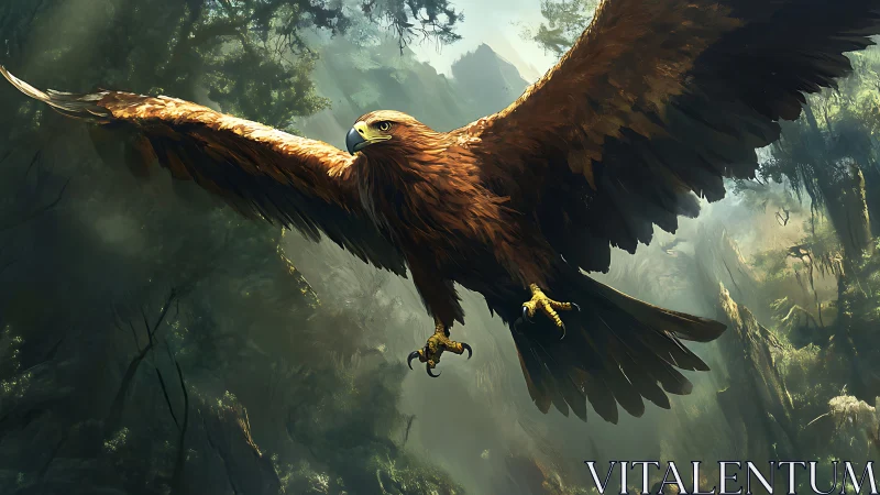 Majestic Eagle Soaring Over Misty Forest in Digital Art Style.