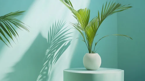 Potted palm sits on cylindrical pedestal in teal studio lighting.