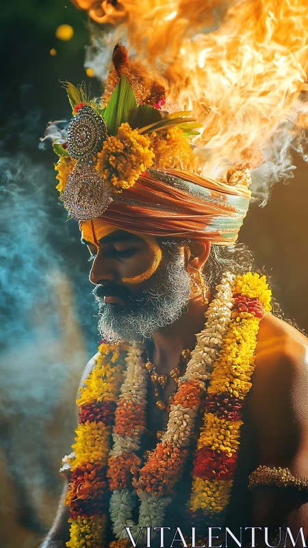 Fiery garlanded devotee stands in serene, glowing meditation
