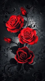 Red Roses on Dark Ornamental Background.