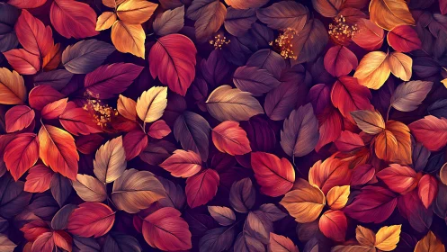 Autumn foliage pattern renders layered scarlet and gold leaves