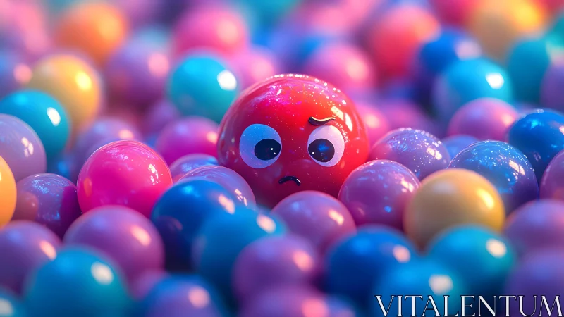Lonely worried red ball glows amid soft rainbow colored spheres