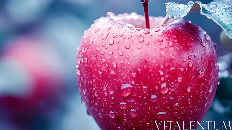 Macro apple study with dewdrops in shallow focus composition.