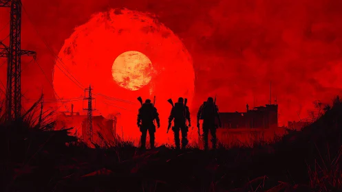 Postapocalyptic soldiers cross crimson wasteland horizon.