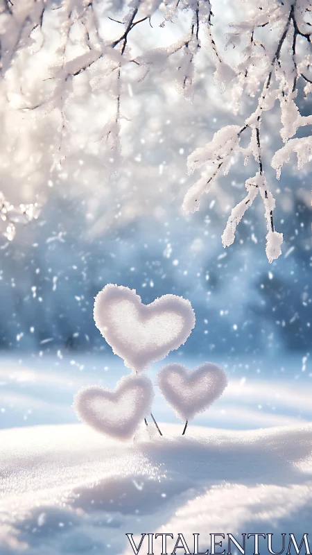 Snowy Winter Scene with Frosted Branches and Heart Shapes